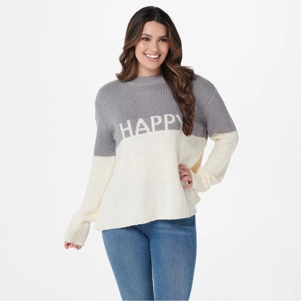 Peace Love World Gray and Cream 'Happy' Sweater